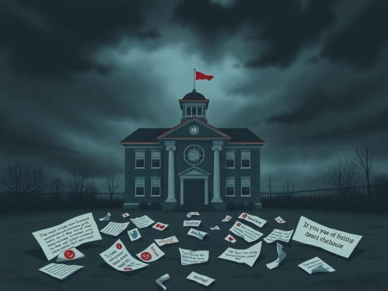 Flick International Dark-themed illustration of a weathered school building under stormy skies, symbolizing political tension in education