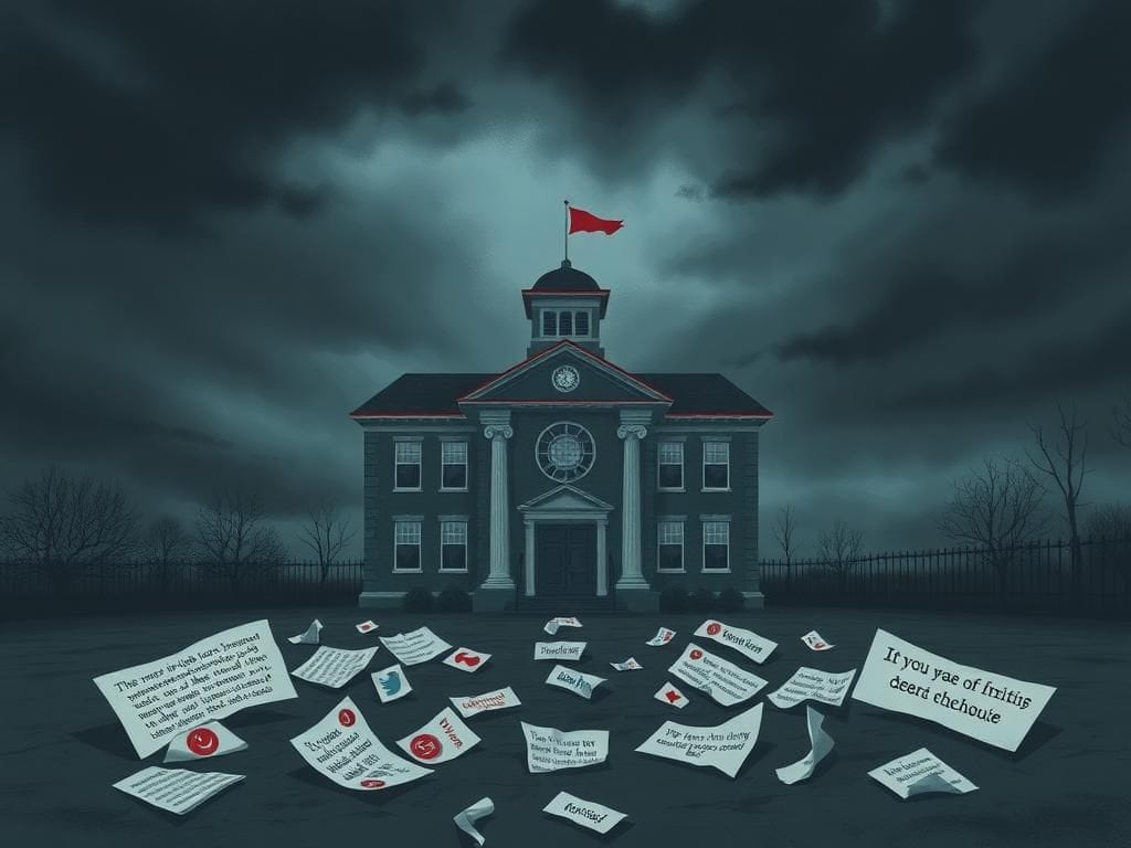 Flick International Dark-themed illustration of a weathered school building under stormy skies, symbolizing political tension in education