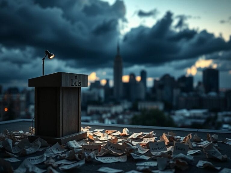 Flick International A weathered, empty podium under a spotlight symbolizing lost voices in political discourse.