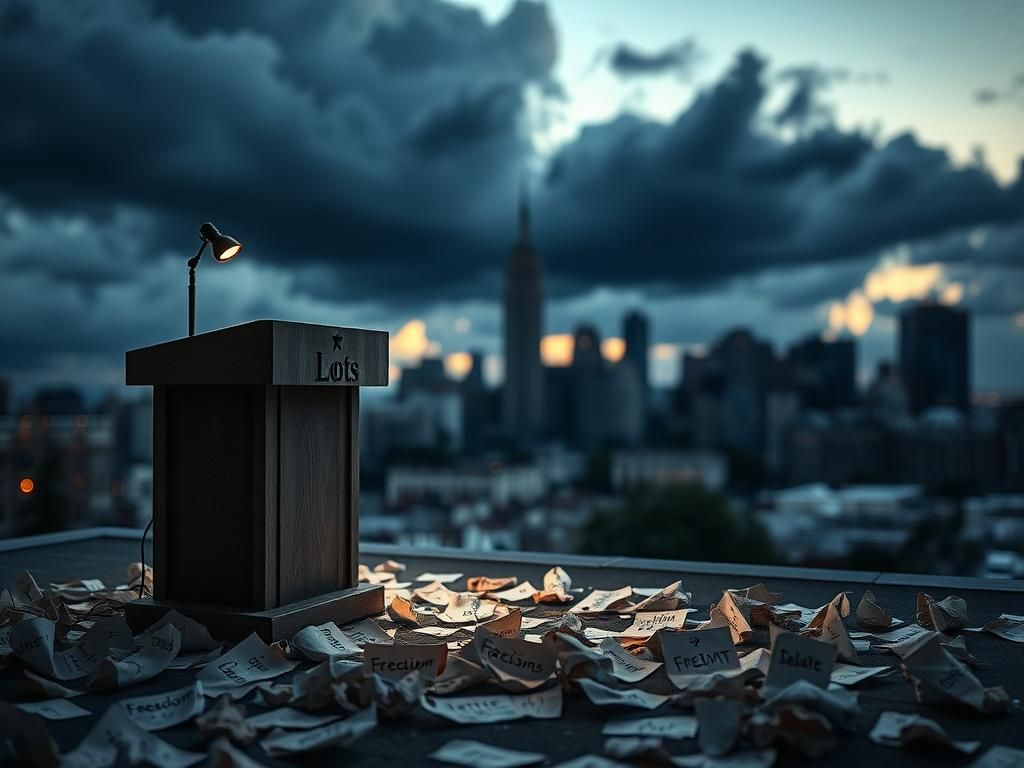 Flick International A weathered, empty podium under a spotlight symbolizing lost voices in political discourse.