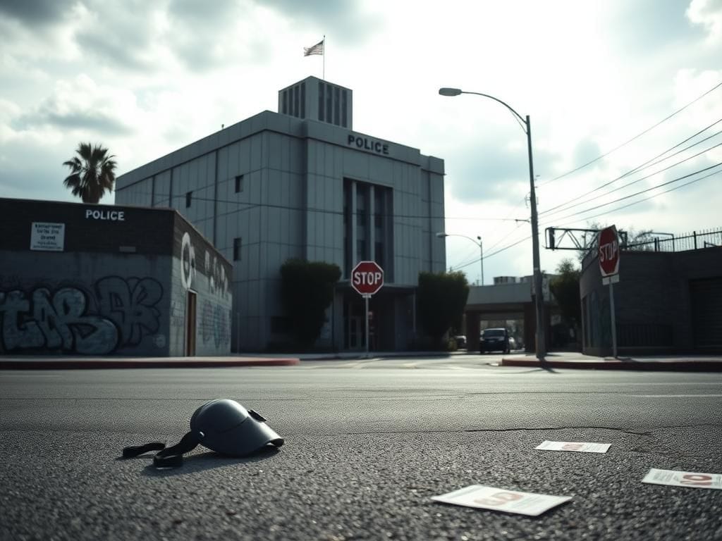 Flick International Empty urban street in Los Angeles with a discarded ski mask, representing law enforcement identity issues.