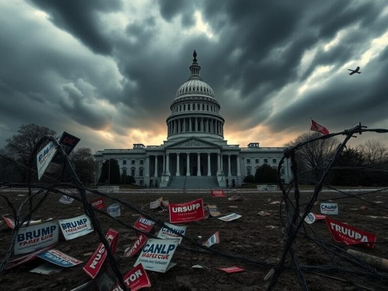 Flick International A dark stormy sky over the crumbling Capitol building with broken political campaign signs in the foreground