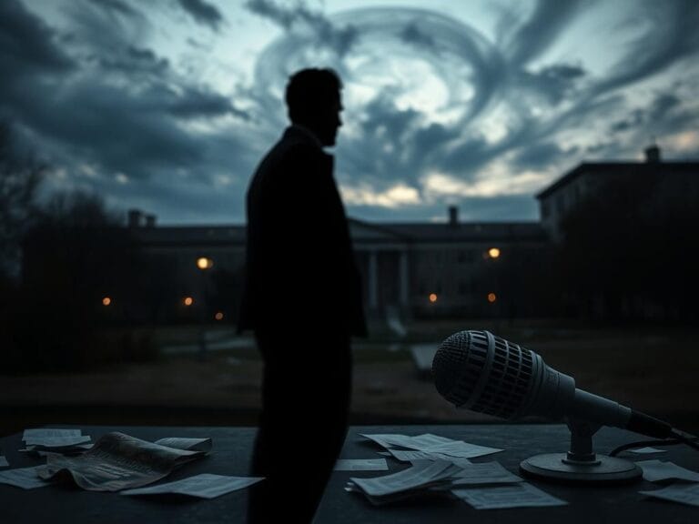 Flick International Shadowy figure in a dark cityscape representing political tension