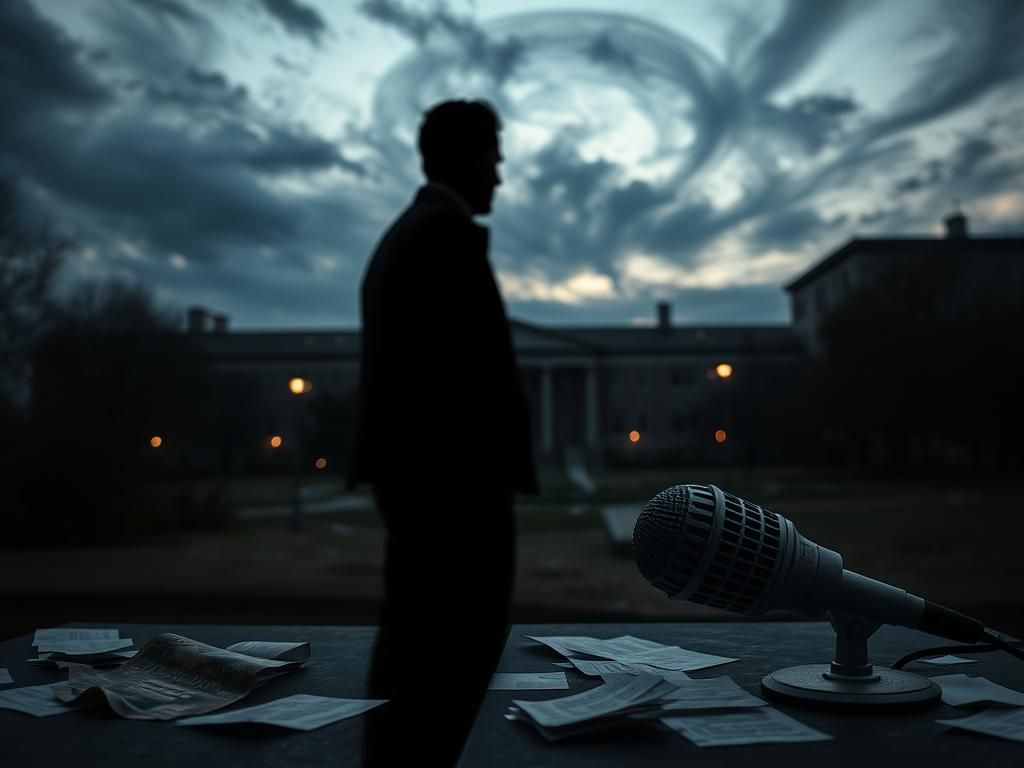 Flick International Shadowy figure in a dark cityscape representing political tension