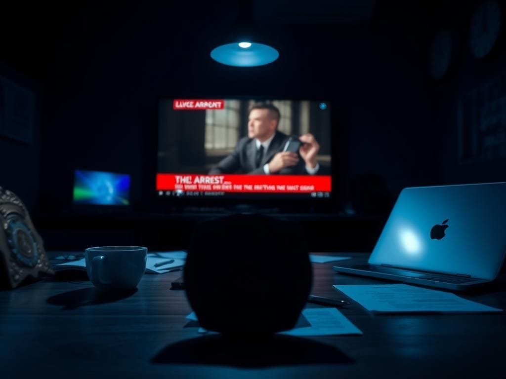 Flick International Dark police office setting with a silhouette of a police badge and investigative documents