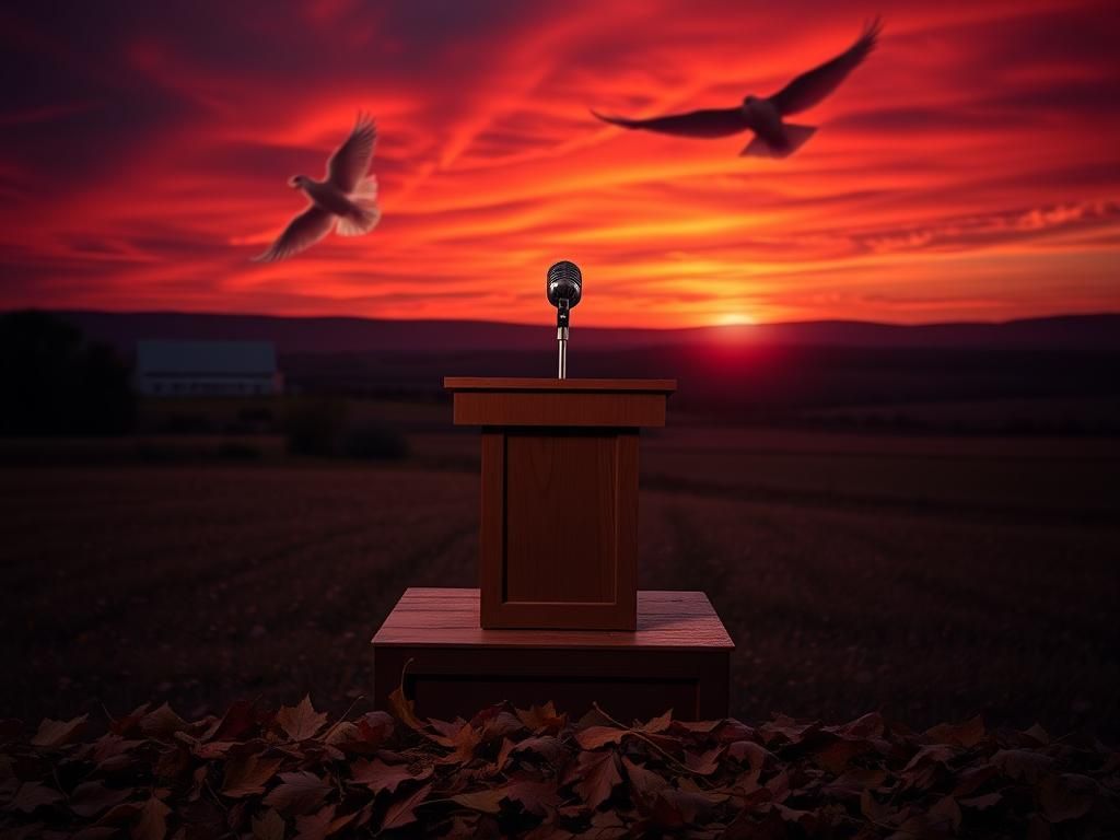 Flick International A lone microphone on a wooden podium in a vibrant rural landscape at sunset