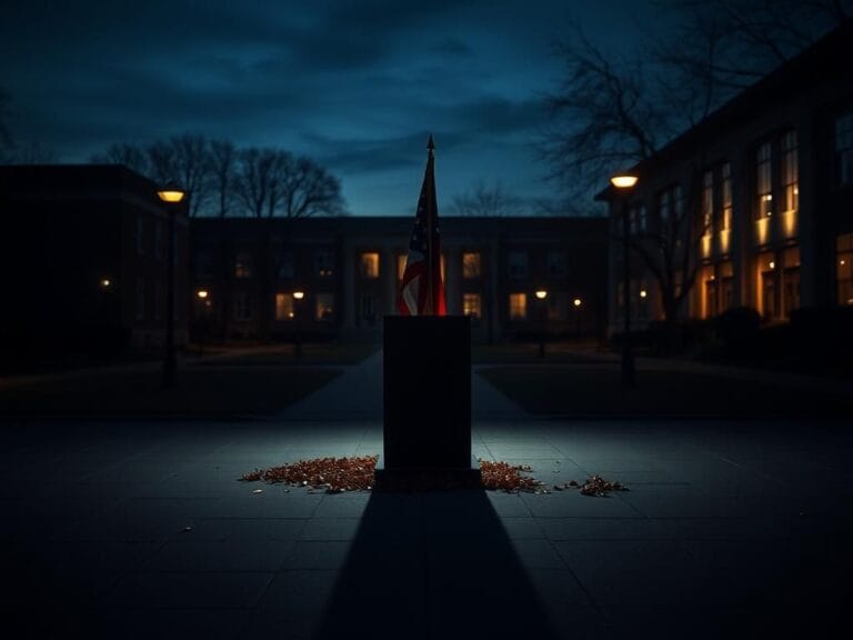 Flick International A somber, empty college campus quad at dusk with a podium draped in a free speech flag