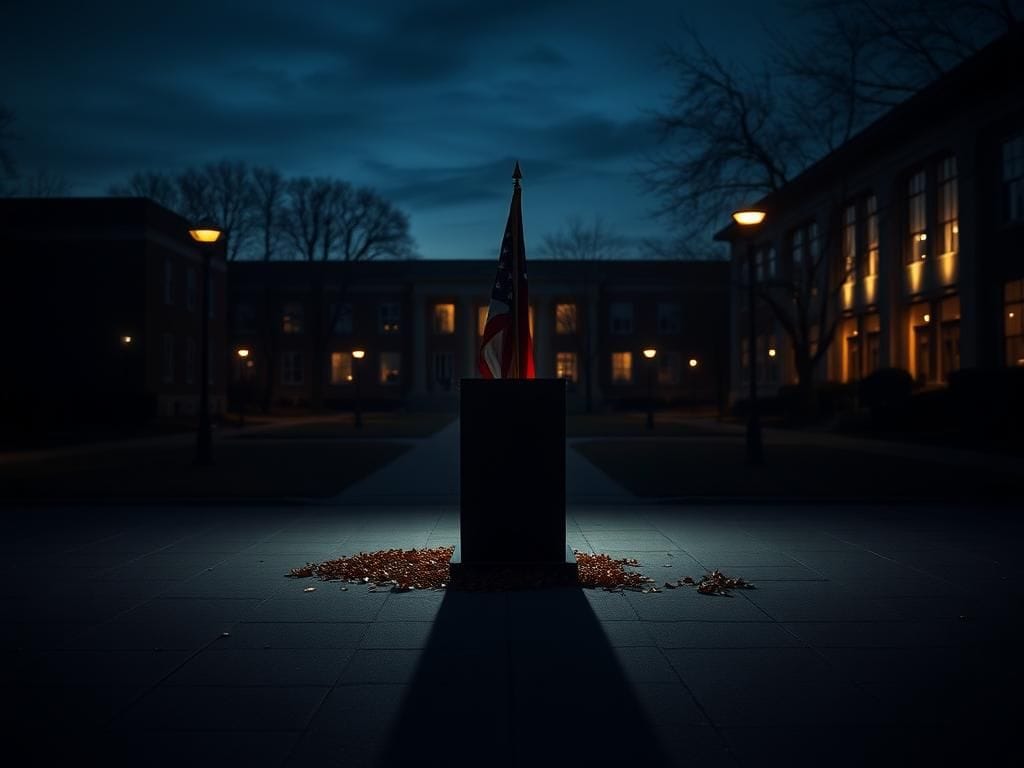 Flick International A somber, empty college campus quad at dusk with a podium draped in a free speech flag