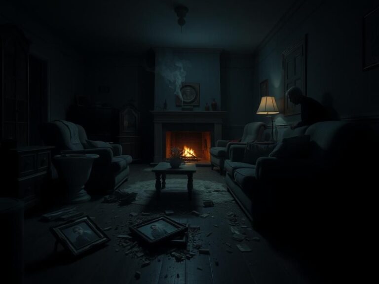 Flick International Interior of a dimly lit living room showing signs of struggle and distress