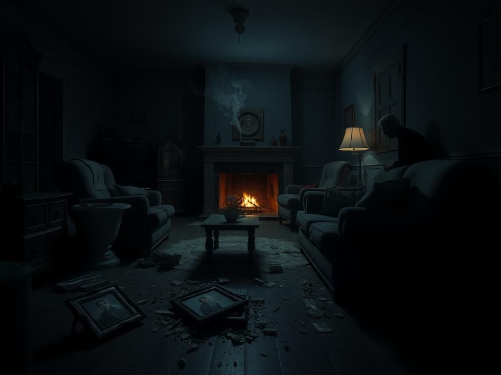 Flick International Interior of a dimly lit living room showing signs of struggle and distress