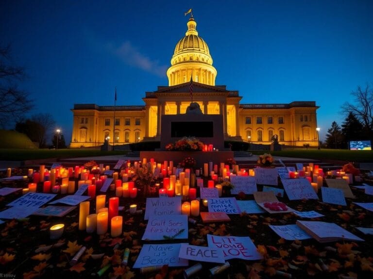 Flick International Idaho State Capitol illuminated at dusk during Charlie Kirk vigil with candles and flowers