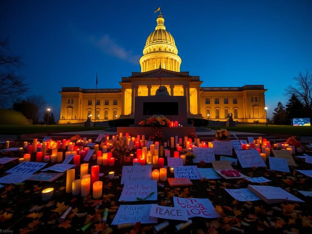 Flick International Idaho State Capitol illuminated at dusk during Charlie Kirk vigil with candles and flowers