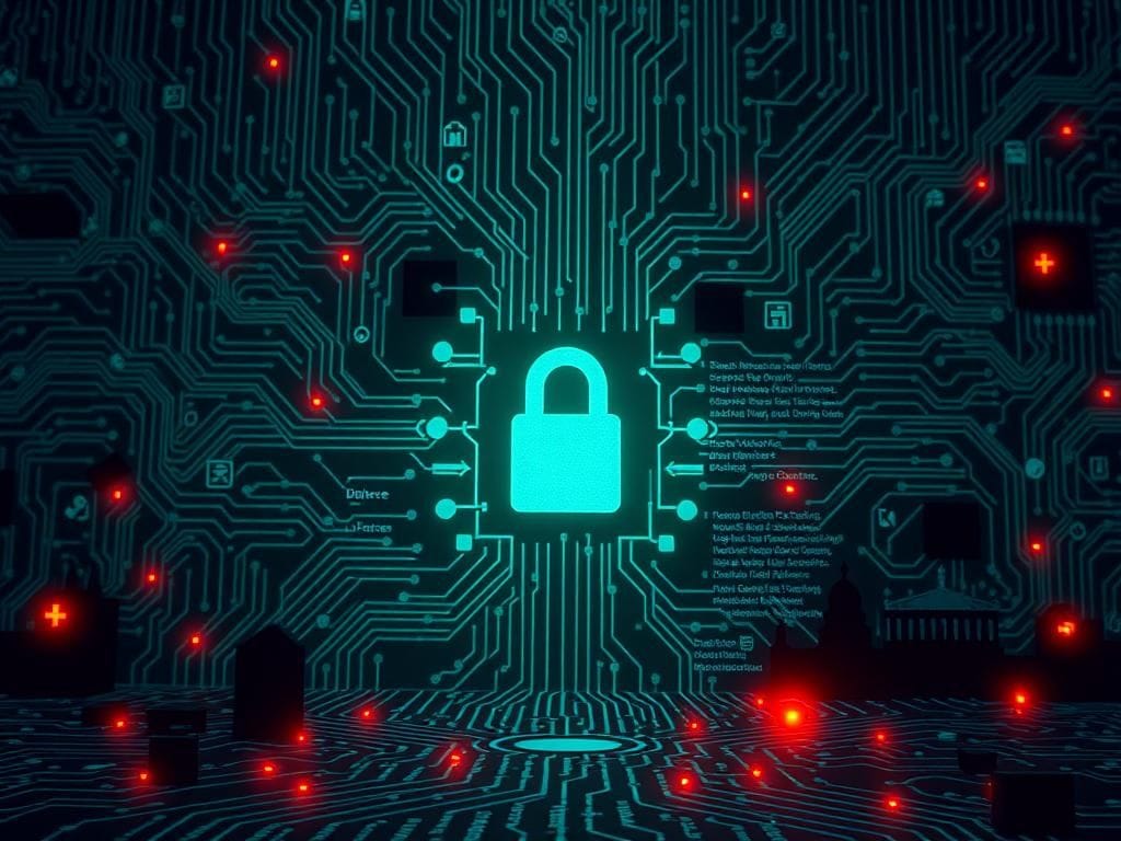 Flick International A dark cyber-themed environment with a glowing circuit board and ominous AI chatbot interface symbolizing digital threats.