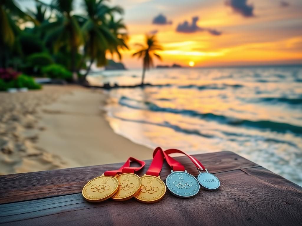 Flick International Olympic gold medals resting on a wooden table in a serene coastal landscape in Panama