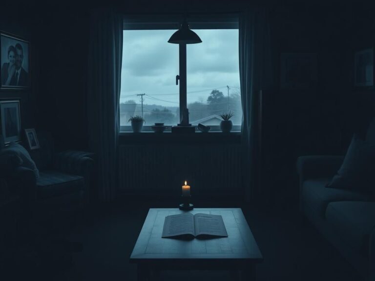 Flick International A somber family living room representing absence and contemplation.