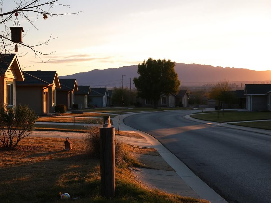 Flick International A quiet suburban street in Utah during early evening with modest homes and a weathered wooden fence.