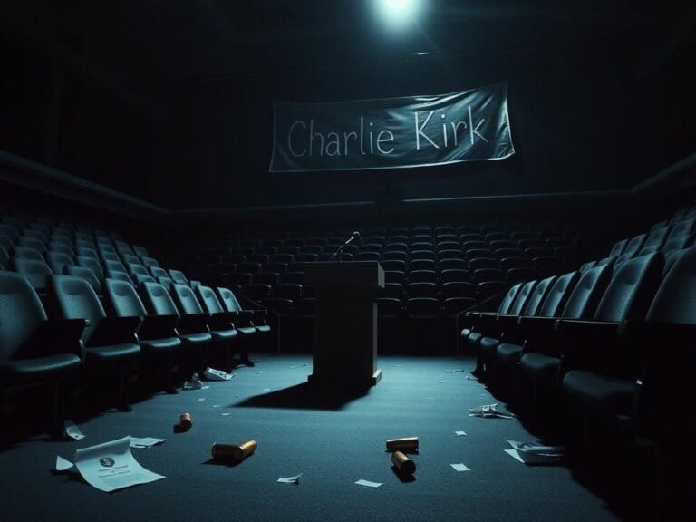 Flick International Dimly lit auditorium at Utah Valley University with empty seats showing signs of chaos after an event.