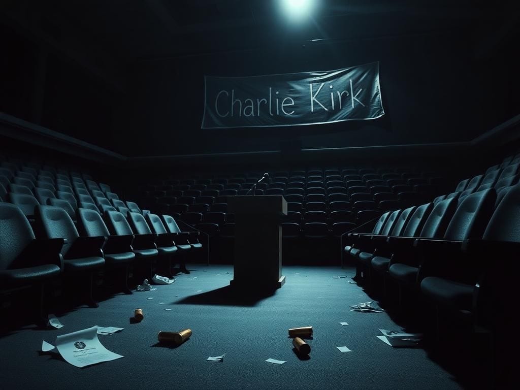 Flick International Dimly lit auditorium at Utah Valley University with empty seats showing signs of chaos after an event.