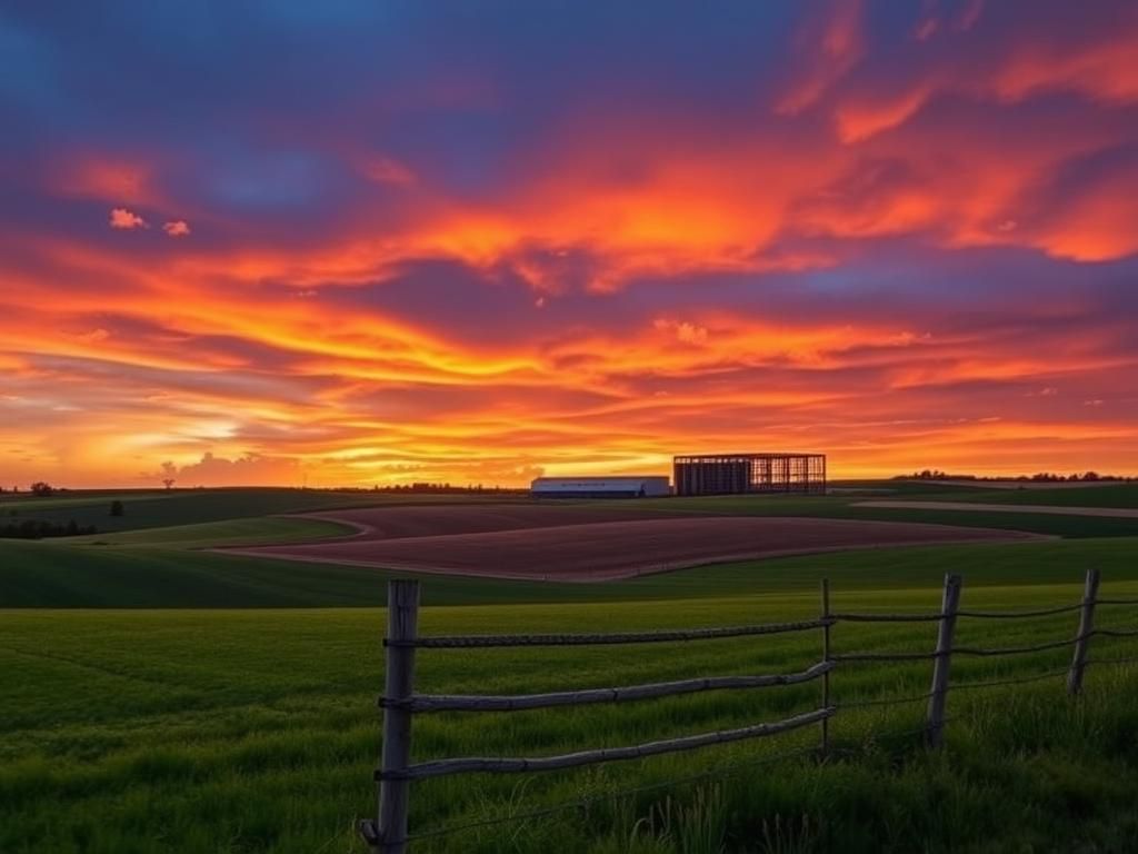 Flick International A sprawling Wisconsin farmland landscape at sunset with a data center in the distance