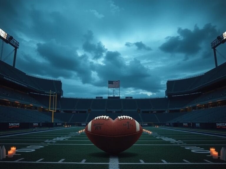 Flick International A poignant NFL stadium scene showcasing a banner for Moment of Silence with candles and an American flag at half-staff