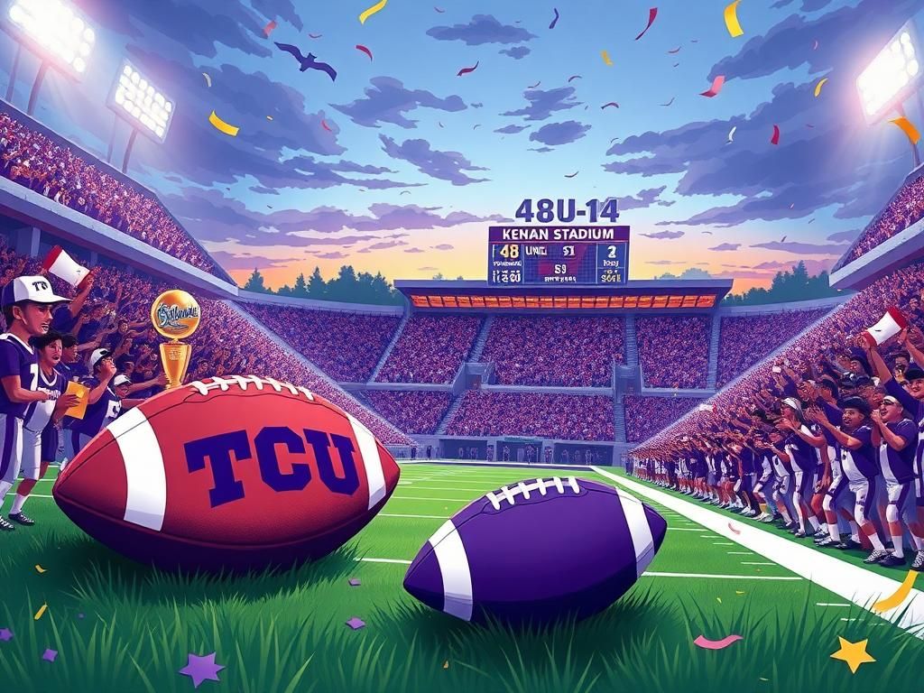 Flick International College football stadium filled with TCU fans celebrating a victory