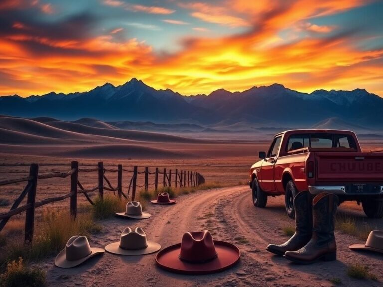 Flick International Majestic Wyoming mountains with a cowboy's journey depicted through rustic elements.