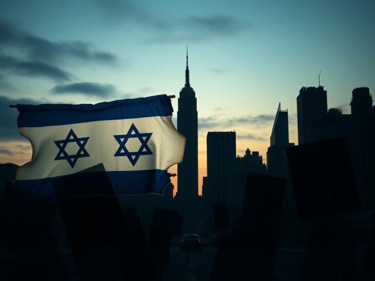Flick International New York City skyline at dusk with abstract intertwined Israeli and Palestinian flags representing conflict