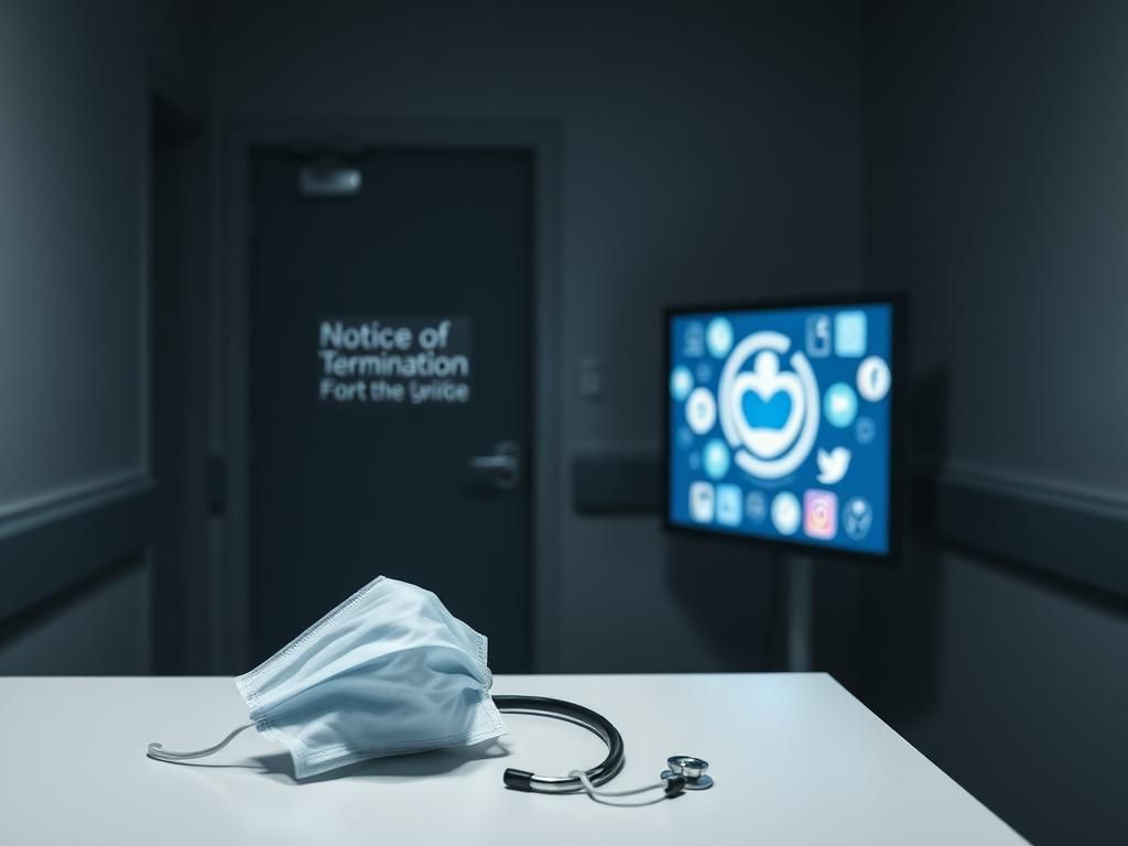 Flick International Closed clinic door with a 'Notice of Termination' sticker in a dimly lit hospital hallway