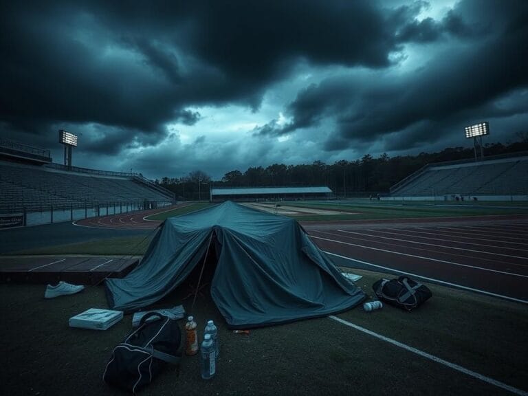 Flick International Abandoned athletic equipment under stormy skies at a high school track field