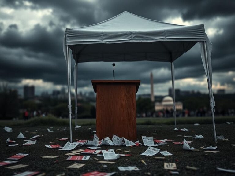 Flick International A dark, somber landscape depicting political tension with a broken podium and scattered leaflets under a stormy sky.