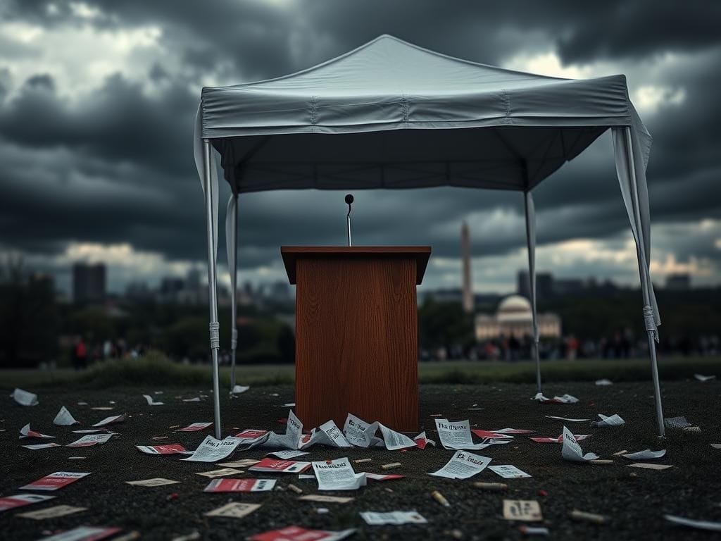 Flick International A dark, somber landscape depicting political tension with a broken podium and scattered leaflets under a stormy sky.