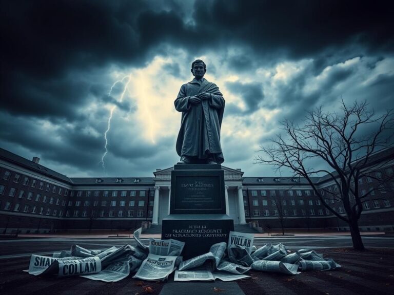 Flick International A weathered statue of a scholar stands amidst an ominous, stormy sky over a deserted university courtyard