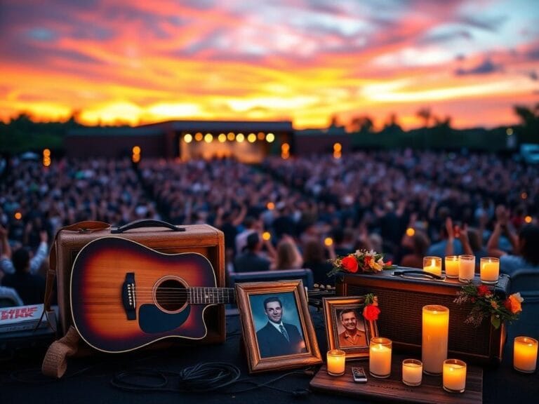 Flick International A poignant scene of a tribute concert with an acoustic guitar, candles, and a photo of Charlie Kirk