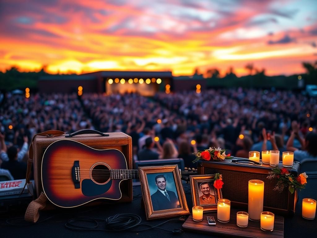 Flick International A poignant scene of a tribute concert with an acoustic guitar, candles, and a photo of Charlie Kirk