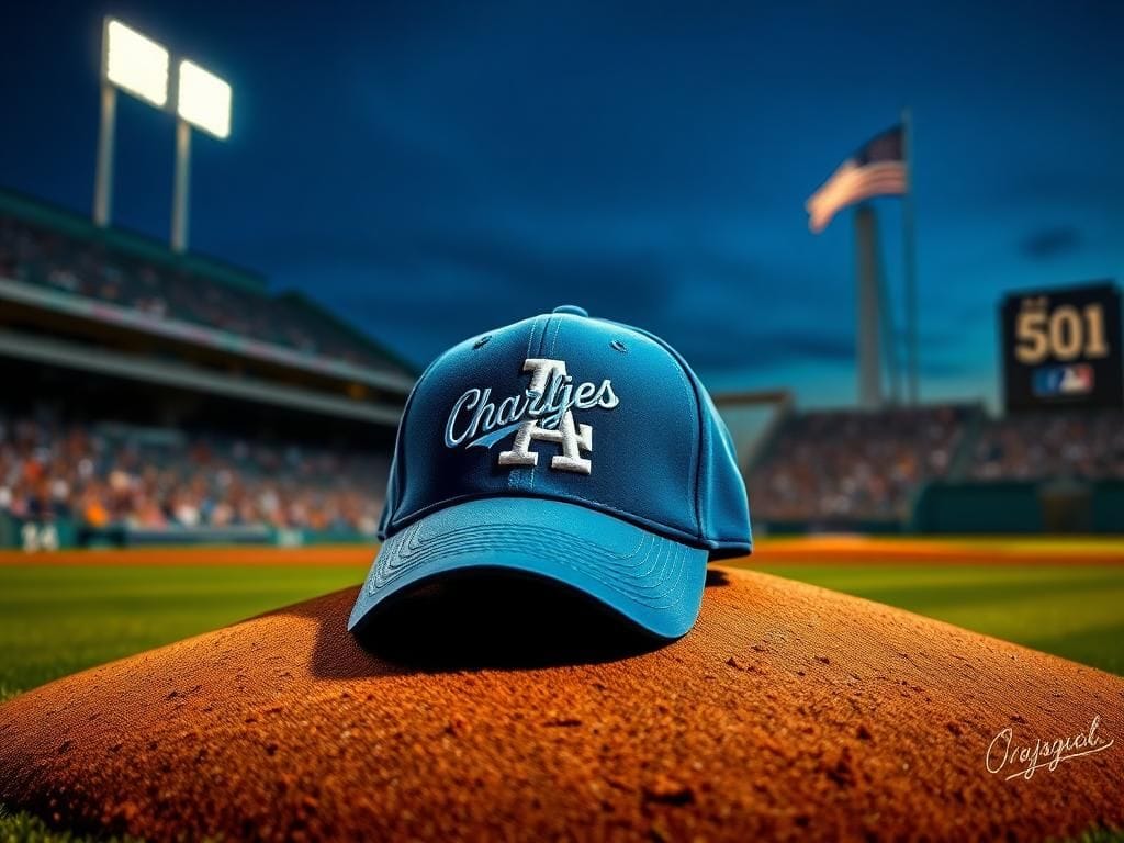 Flick International A Dodgers cap with 'Charlie Kirk' embroidered rests on a baseball mound, symbolizing tribute.
