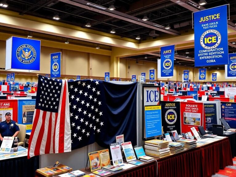 Flick International A bustling ICE recruitment expo in Texas showcasing law enforcement materials and American patriotic symbols.