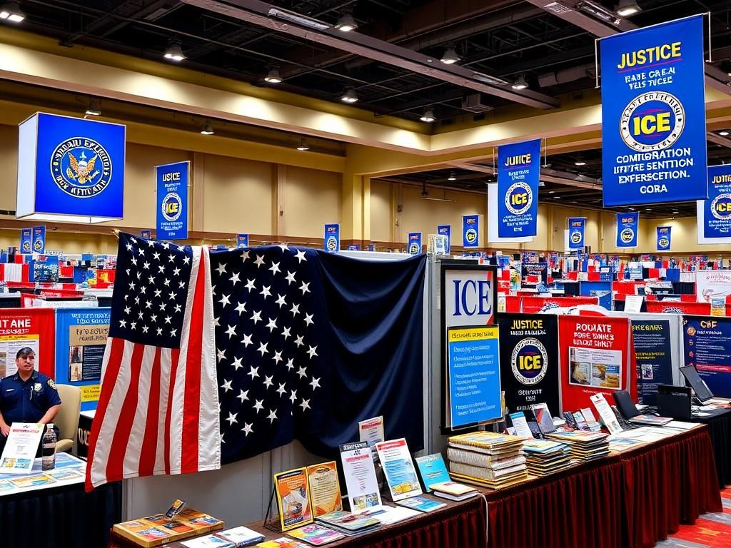 Flick International A bustling ICE recruitment expo in Texas showcasing law enforcement materials and American patriotic symbols.