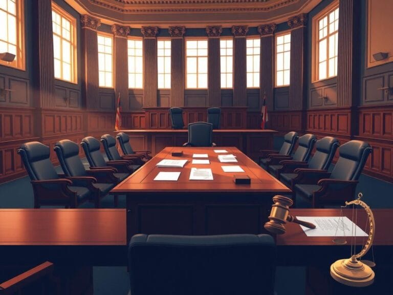 Flick International Stylized depiction of a grand courtroom with empty chairs and iconic black robes
