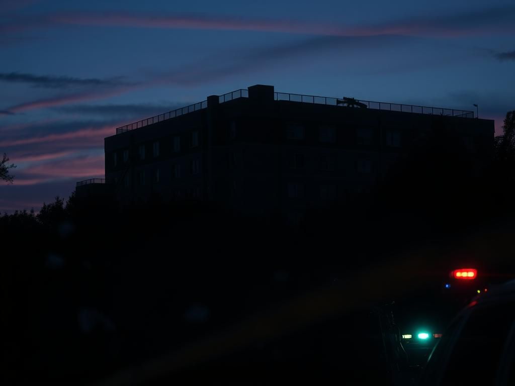 Flick International Rooftop scene in twilight with abandoned rifle and police lights