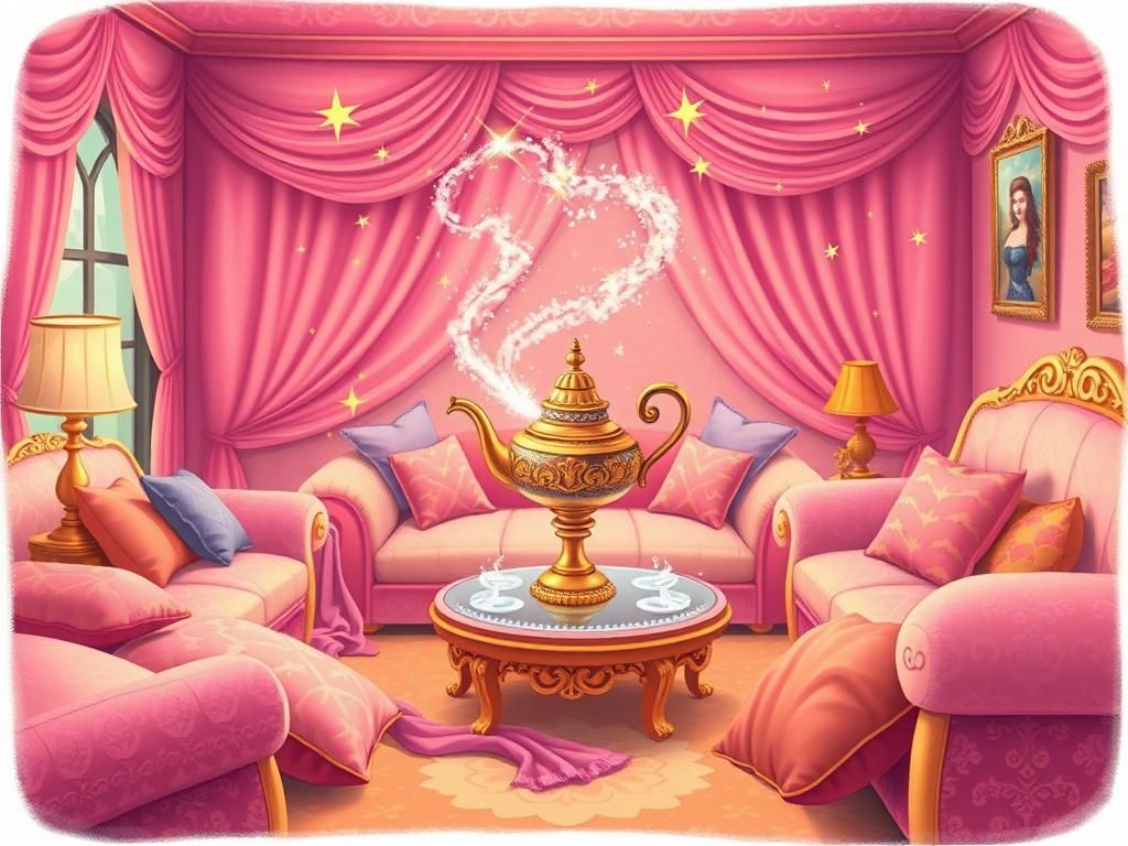 Flick International Enchanted 1960s-inspired living room scene with magic lamp reminiscent of 'I Dream of Jeannie'