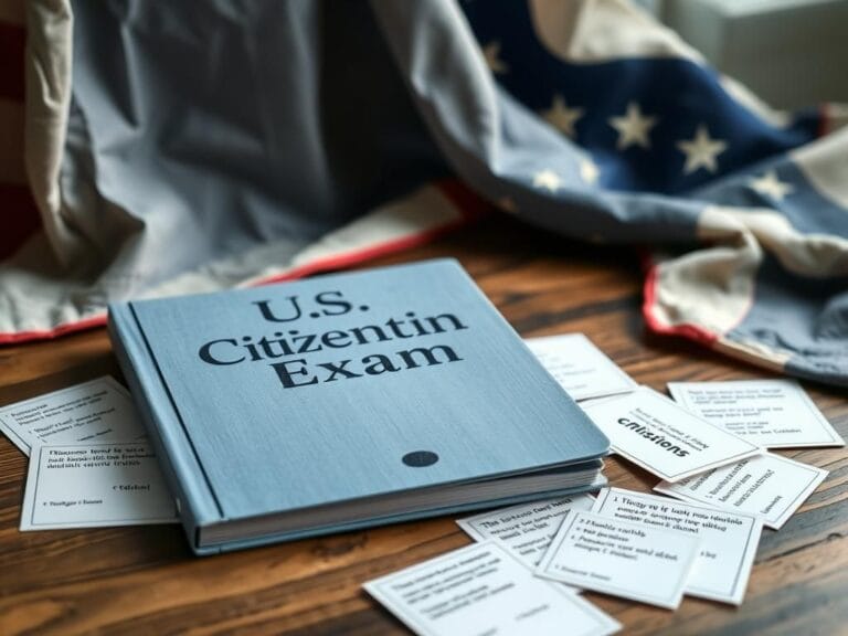 Flick International Close-up of a U.S. citizenship exam booklet with flashcards on a wooden table