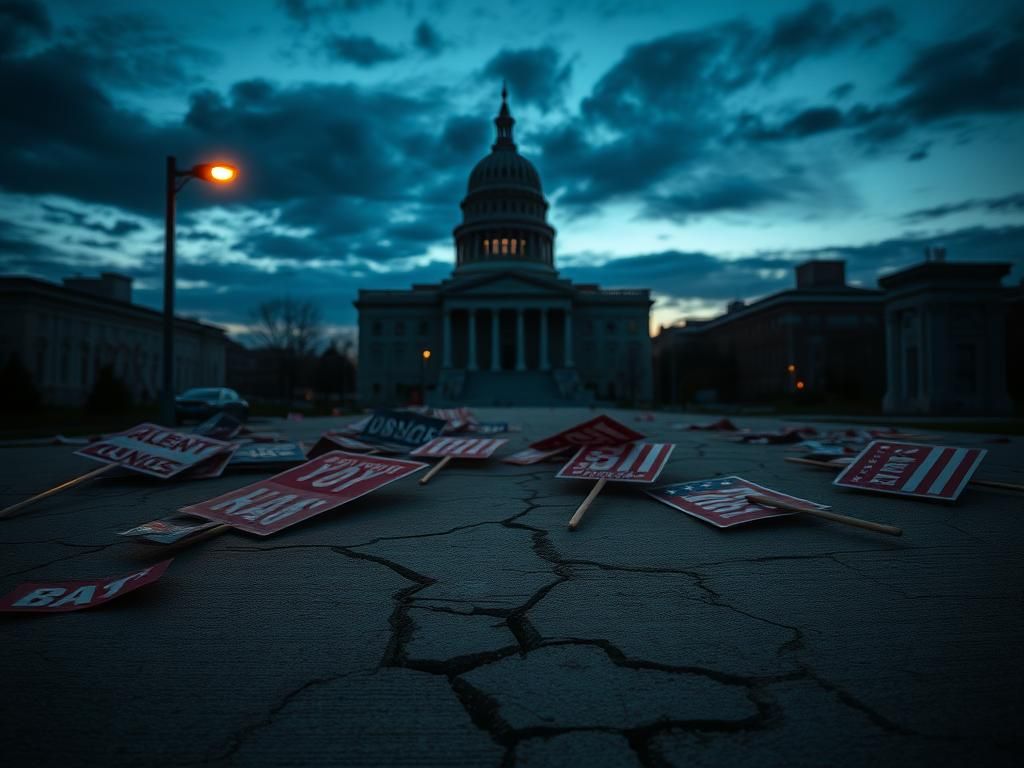 Flick International Twilight cityscape with a prominent public building silhouette against a dark sky, representing political tension