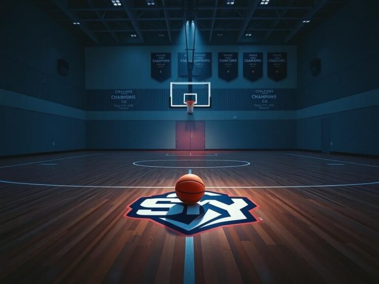 Flick International Dramatic basketball court at dusk with Chicago Sky logo and a lone basketball