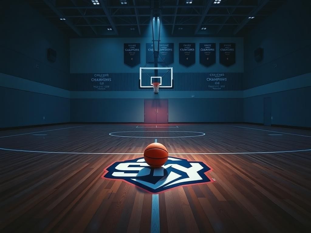Flick International Dramatic basketball court at dusk with Chicago Sky logo and a lone basketball