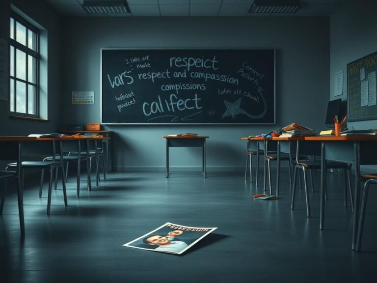 Flick International Empty classroom with a discarded controversial meme on the floor