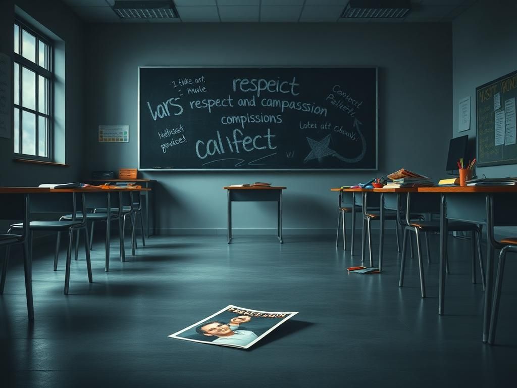 Flick International Empty classroom with a discarded controversial meme on the floor