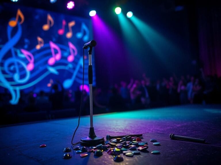 Flick International Dimly lit stage featuring a microphone stand and cane, symbolizing Vince Neil's journey after a stroke.