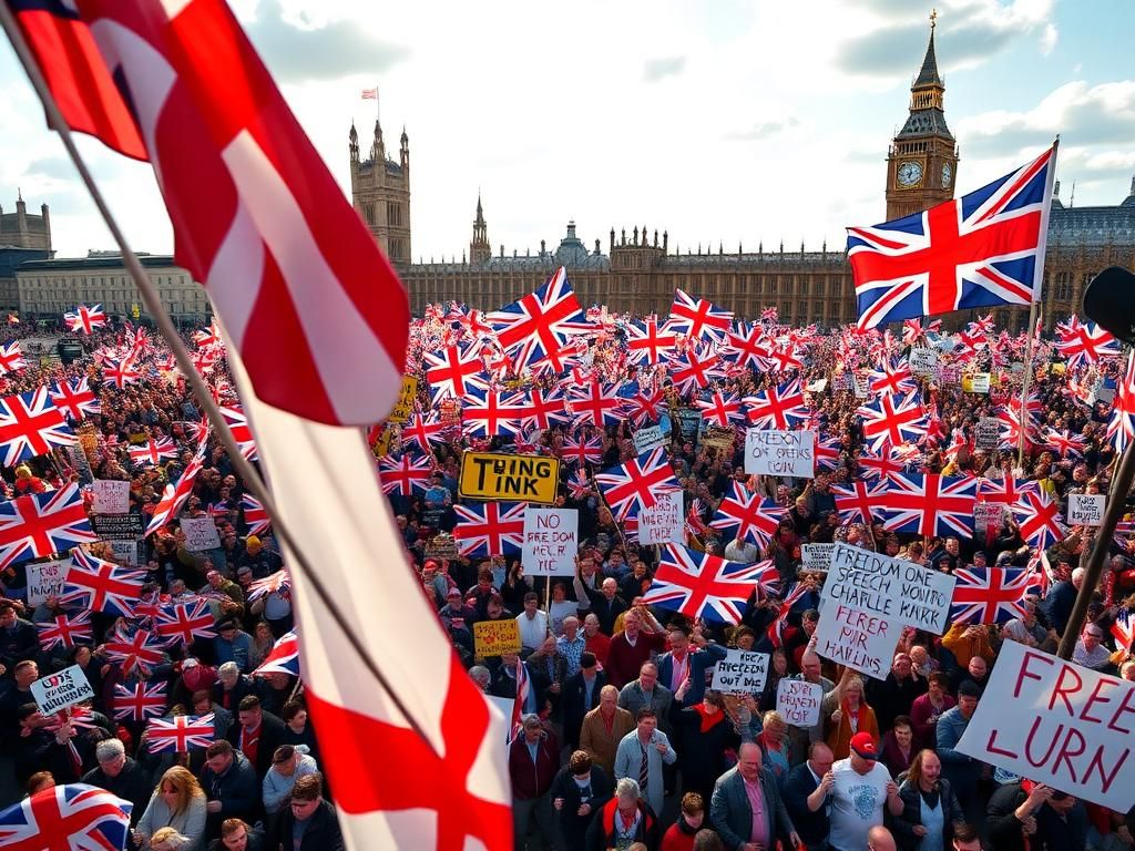 Flick International Aerial view of a massive outdoor rally in London with demonstrators holding flags and banners.