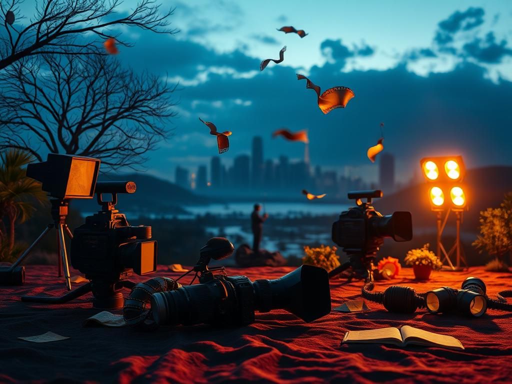 Flick International A film set with contrasting symbols of art and conflict, showcasing cameras and lights on a textured surface.