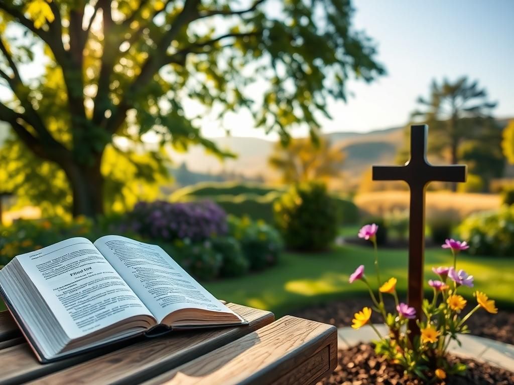 Flick International Serene garden scene at dawn with a wooden bench, open Bible, and elegant cross symbolizing hope.